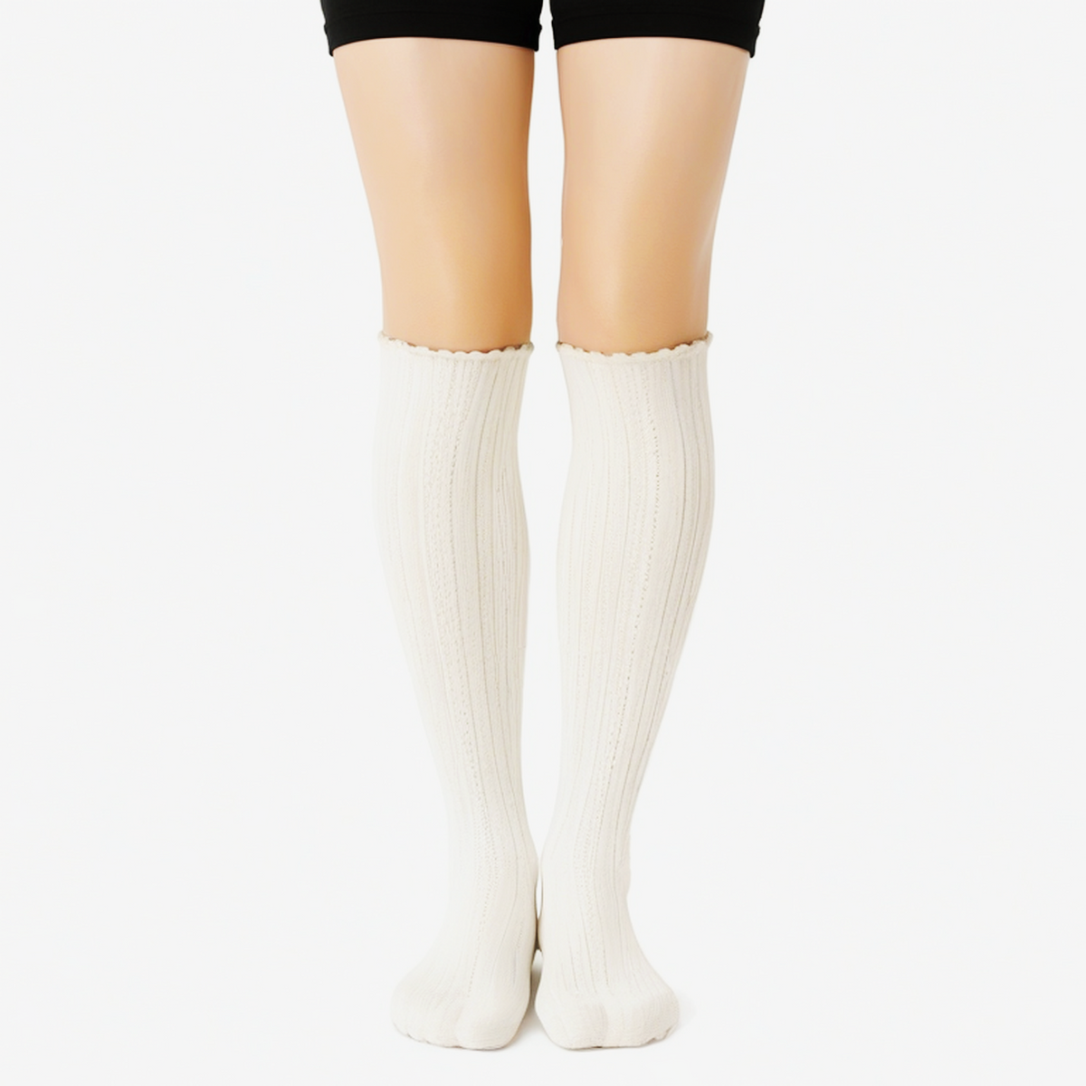 Calze al ginocchio 35-38 in maglia bianco crema con bordo ondulato