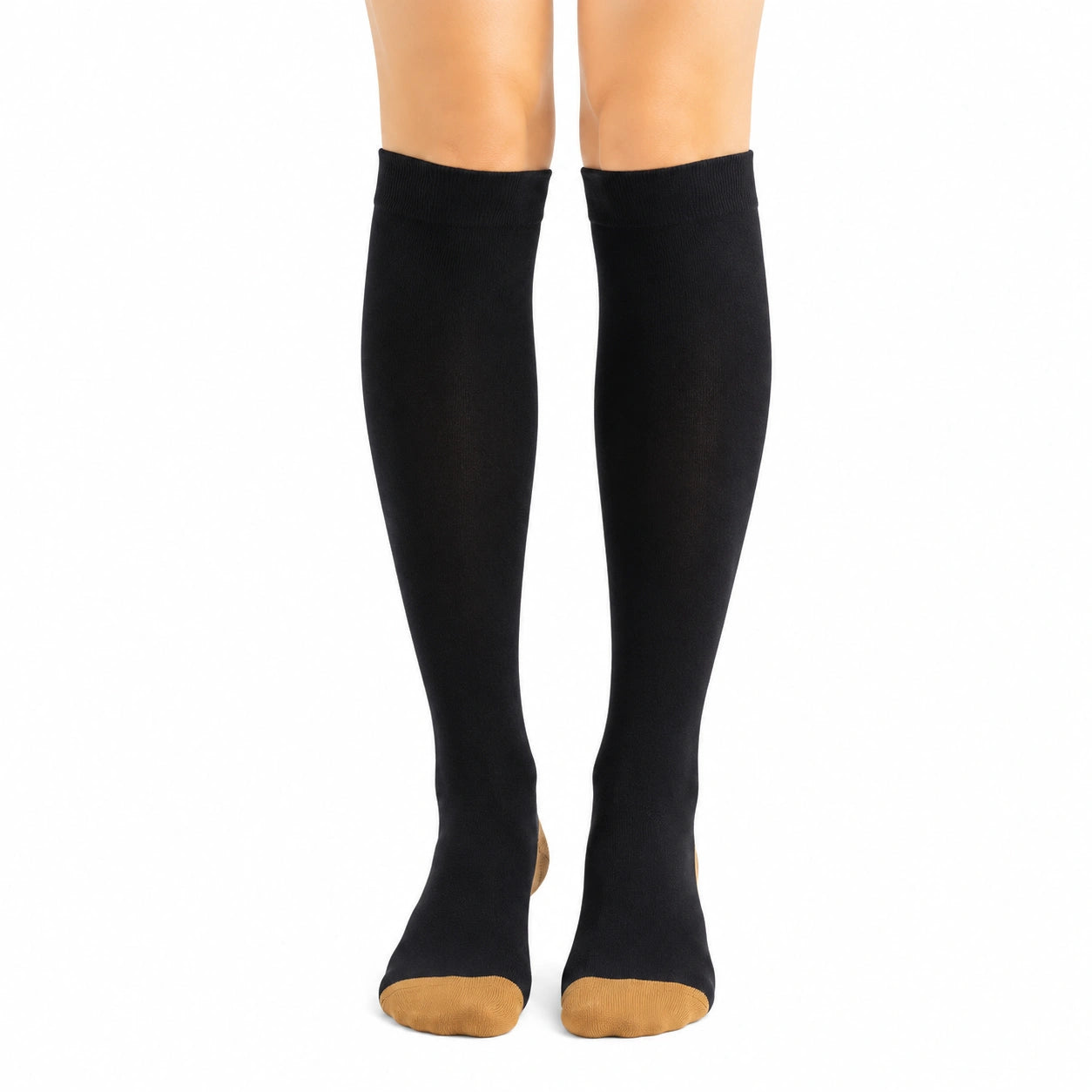 Calze al ginocchio 35-38 in tessuto elasticizzato nere con punta beige - stile classico
