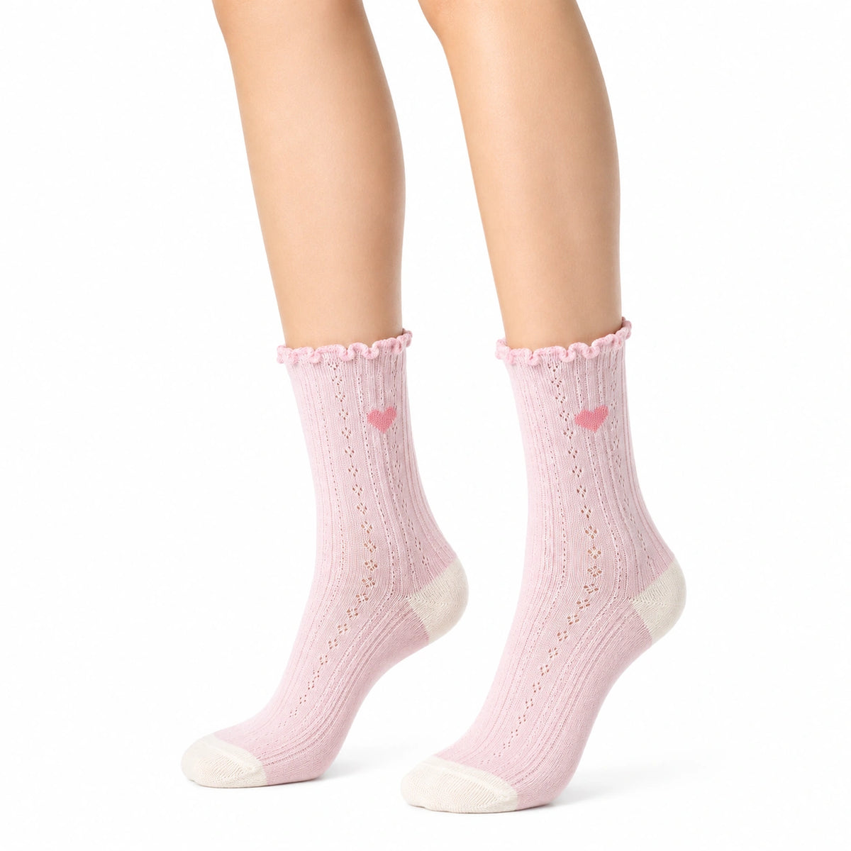 Calze 39-42 in maglia rosa e bianco con cuore stile romantico