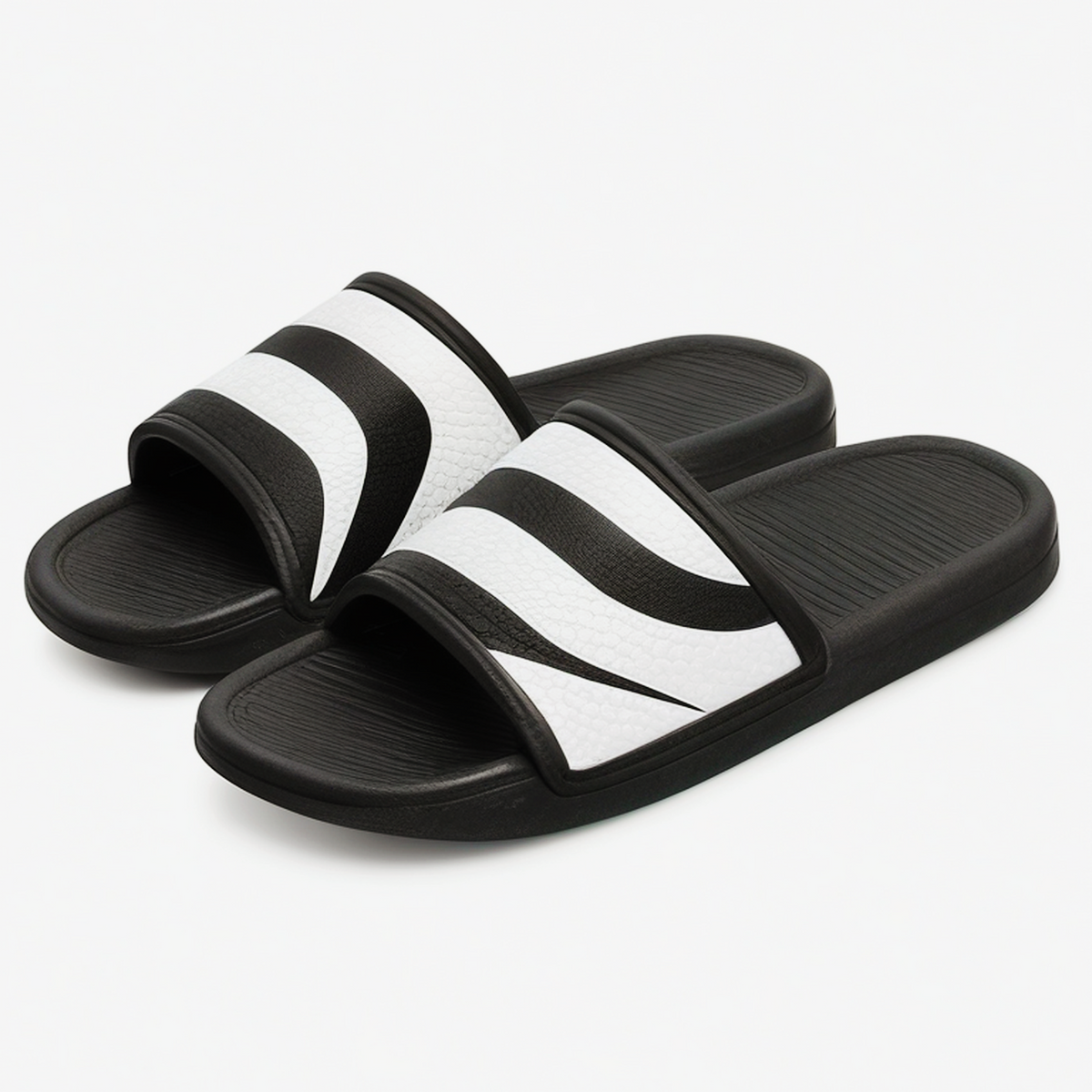 Ciabatte 36/37 in materiale sintetico nero/bianco con fascia a righe per uso quotidiano