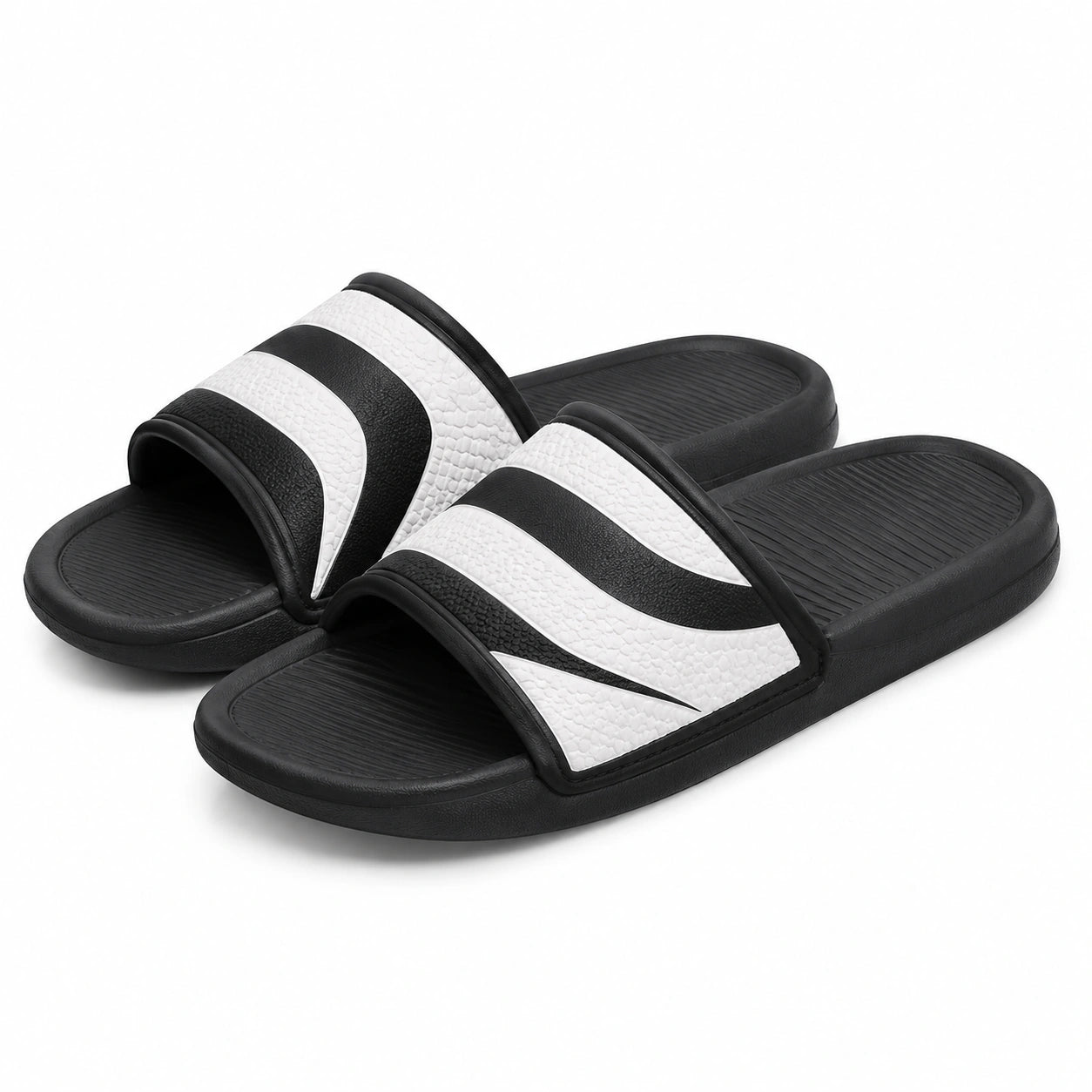 Ciabatte 36/37 in materiale sintetico nero/bianco con fascia a righe per uso quotidiano